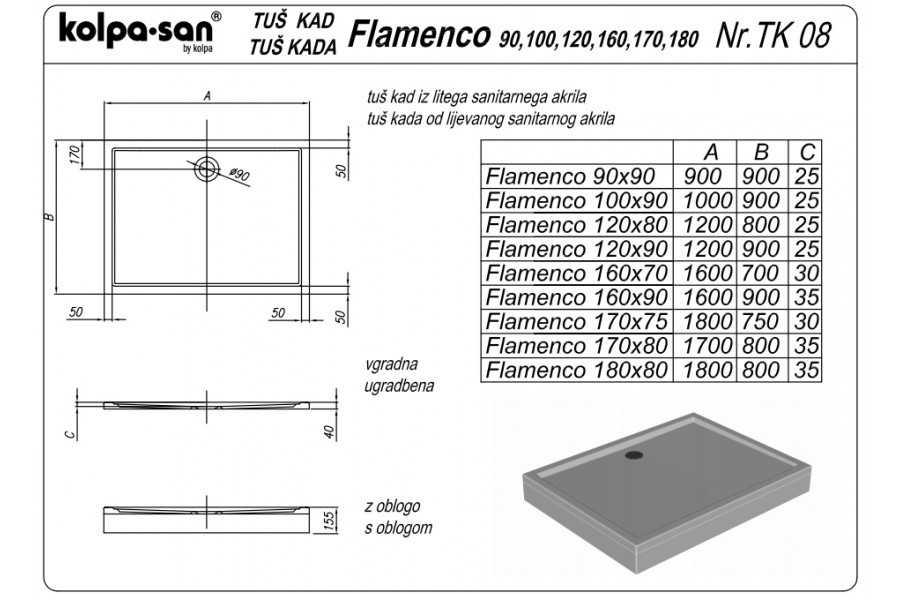 KADA TUŠ 90X100 FLAMENCO - KOLPA SAN 994800 - Слика 3