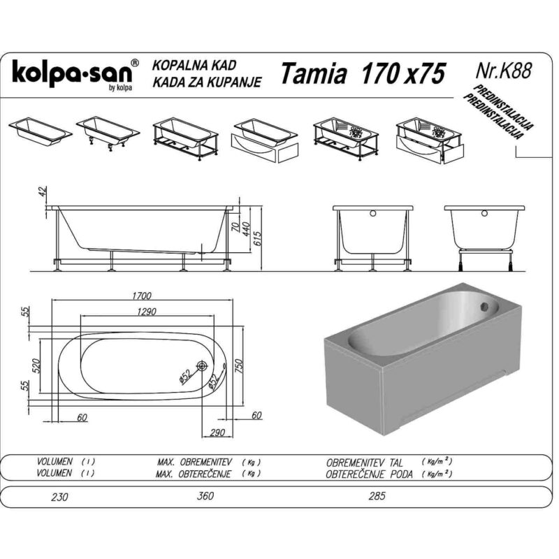 KOLPA SAN KADA TAMIA 170X75 UGRADNA UNIVERZALNA 749980 - Слика 2