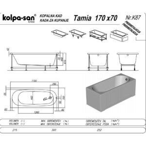 KOLPA SAN OBLOGA ZA KADU TAMIA 170X70 SA POSTOLJEM 571270