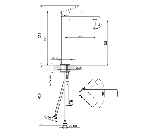ROSAN S2 BLACK Baterija za lavabo VISOKA L 230109B - Слика 2