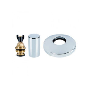 Set metal plumbing fittings: brass valve cartridge, chrome cylindrical cap, and chrome escutcheon.