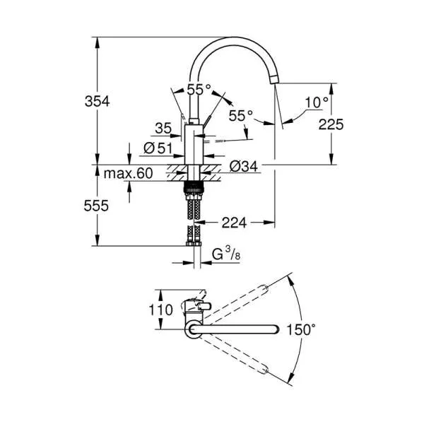 GROHE EUROSMART COSMO BATERIJA ZA SUDOPERU SA 2 CEVI 32843002 - Slika 3